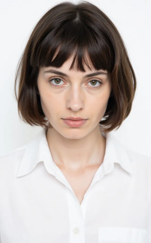 A French female model with a Short bob, wearing a shirt, against a white background, in a front   facing bust portrait